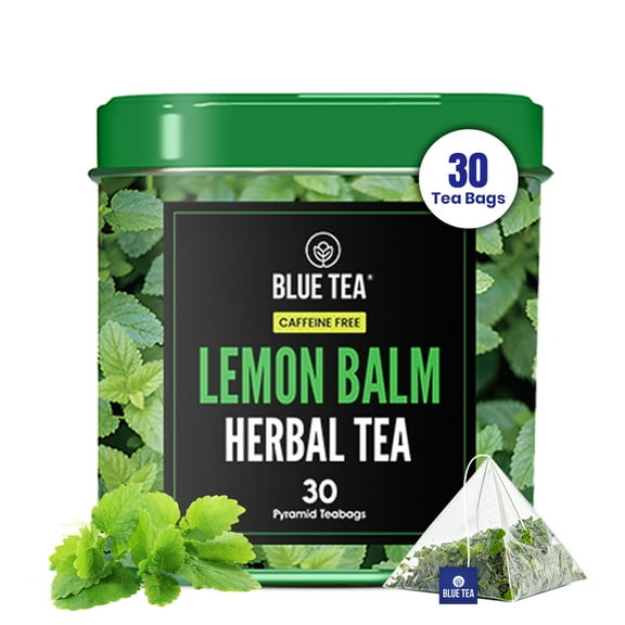 BLUE TEA - Lemon Balm Tea - 30 Count - Pyramid Plant Based Tea Bag - Leaf Based - Caffeine Free - Reusable Tin Pack