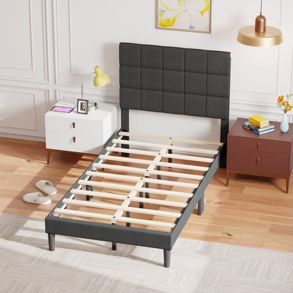 Dkelincs Twin Size Bed Frame with Upholstered Headboard & Slats Support - Easy Assembly Platform Bed Frame for Adults, Teens, Guest Room, Dorm, Bedroom, Dark Gray