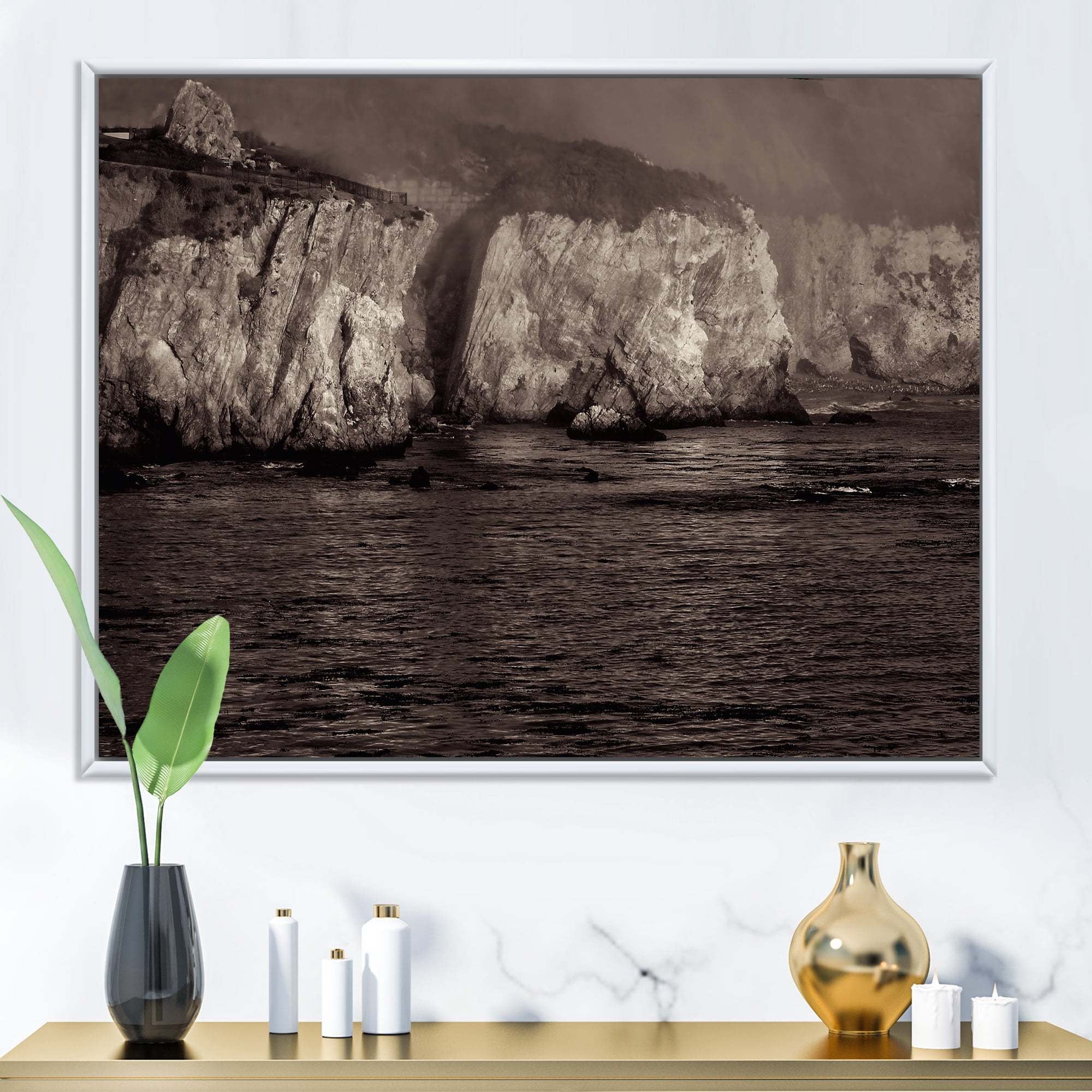 Designart 'Gold Cliffs Over Sea In The Fog' Modern Framed Canvas Wall Art Print