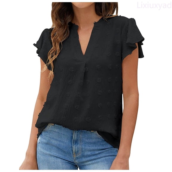 Lixiuxyad Womens Casual Solid T Shirt V Neck Short Sleeve Top Blouse Summer Tee Shirts,Black L