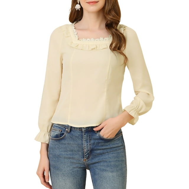 INSPIRAR CHIC Blusa de Chifón Elegante con Volantes, Cuello Cuadrado, Mangas Abullonadas Largas, Color Beige