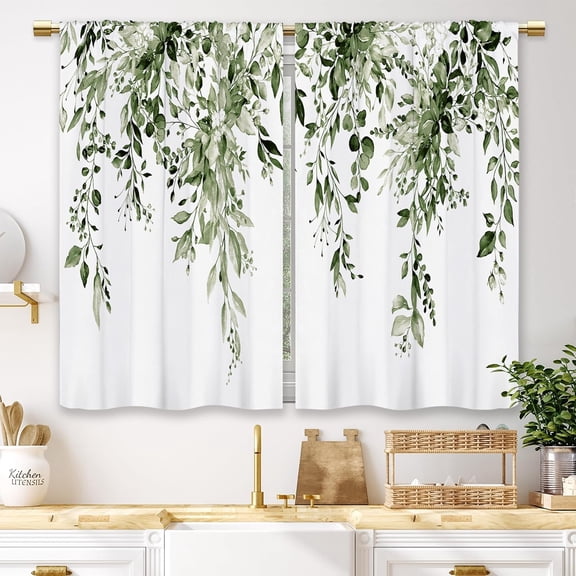 Olive Green Eucalyptus Leaves Kitchen Curtains Botanical Floral Plant Small Short Cafe Window Curtains Flower Herb Bathroom Window Drapes Treatment Tier Curtains 2 Panels (27.5x39 Inch)