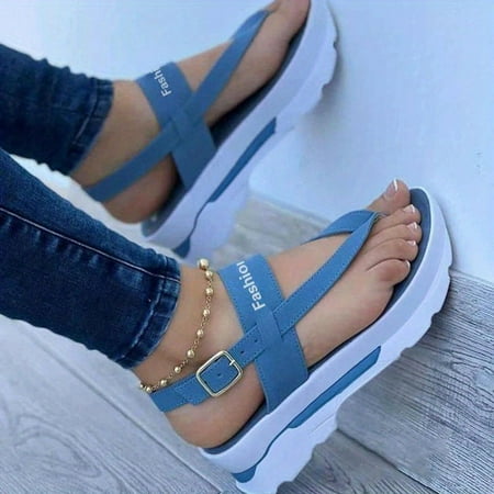 

Women s Platform Thong Sandals Solid Color Letter Buckle Strap Slingback Shoes Outdoor Summer Sandals Wedge Casual Shoes