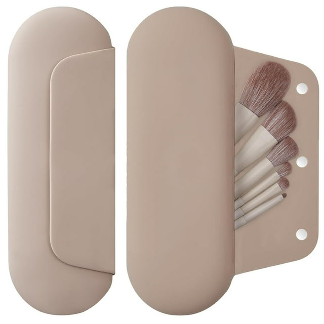 Estuche para Brochas de Maquillaje de Silicona,Soporte para Brochas de Maquillaje Magnético,Cierre Magnético Mejorado,Soporte de viaje Portátil Impermeable para Brochas (Caqui)