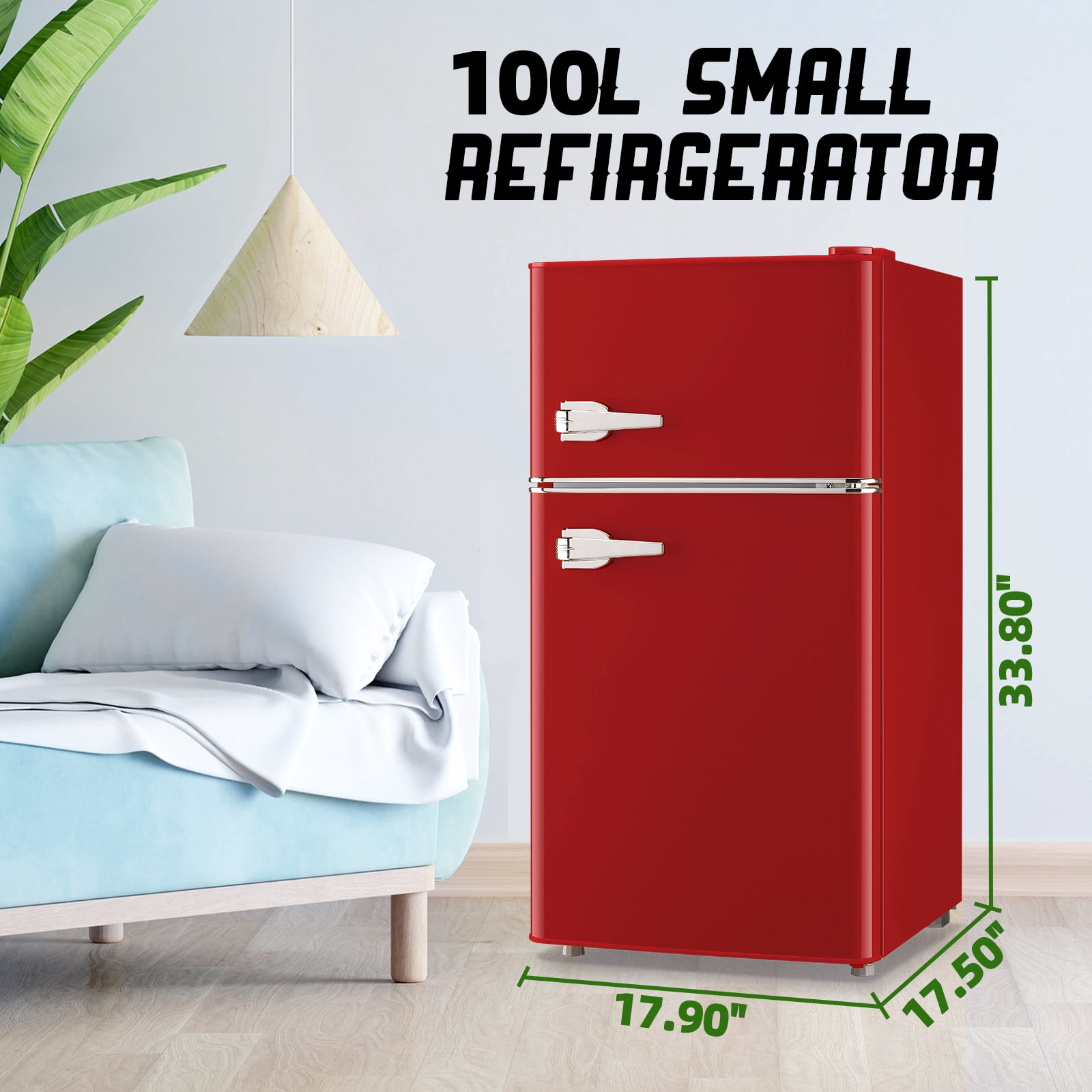 TACOOL Small Retro Mini Fridge with Top Freezer 100 Liter Dual Door Compact Refrigerator with Adjustable Thermostat LED Light, Low Noise for Dorm Red