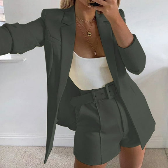 Meichang 2 Piece Outfits for Women Long Sleeve Solid Blazer Shorts Pants with Belt Open Front Casual Elegant Business Suit Sets