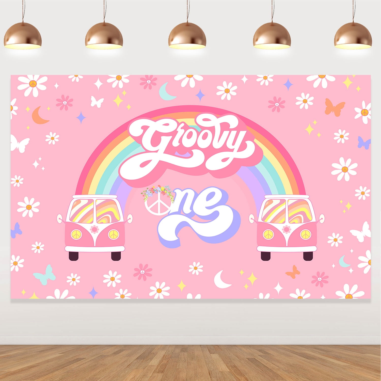 One Groovy Banner Retro Hippie Boho Girl Party Decorations 1st Birthday Party Supplies Daisy Flower One Year Old Birthday Photography Background for Baby Shower Photo Prop Wall Decor
