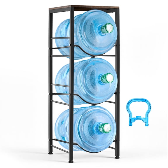 VEVOR Water Jug Holder, 4 Tiers 3 and 5 Gallon Water Bottle Holder for 3 Bottles, Heavy Duty Jug Rack Organizer with Storage Shelf, Detachable for Kitchen, Office, Living Room, Black and Brown