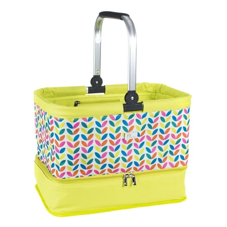 Picnic Cooler Bag Set - Farmers' Market Tote Carry Basket with Insulated Cooler Compartment Metal Handle, Collapsible Design, Reusable Bag for Groceries, Picnic (Leaves)