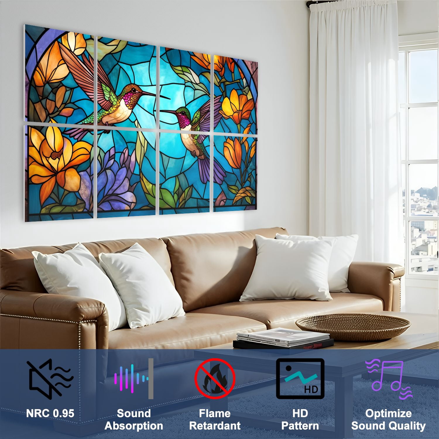 Stained Glass Style 8 Pack Art Acoustic Panels Sound Absorbing Colorful Hummingbirds Flowers Decorative Soundproof Wall Panels Self Adhesive for Nursery Game Room Bedroom 48"x32"