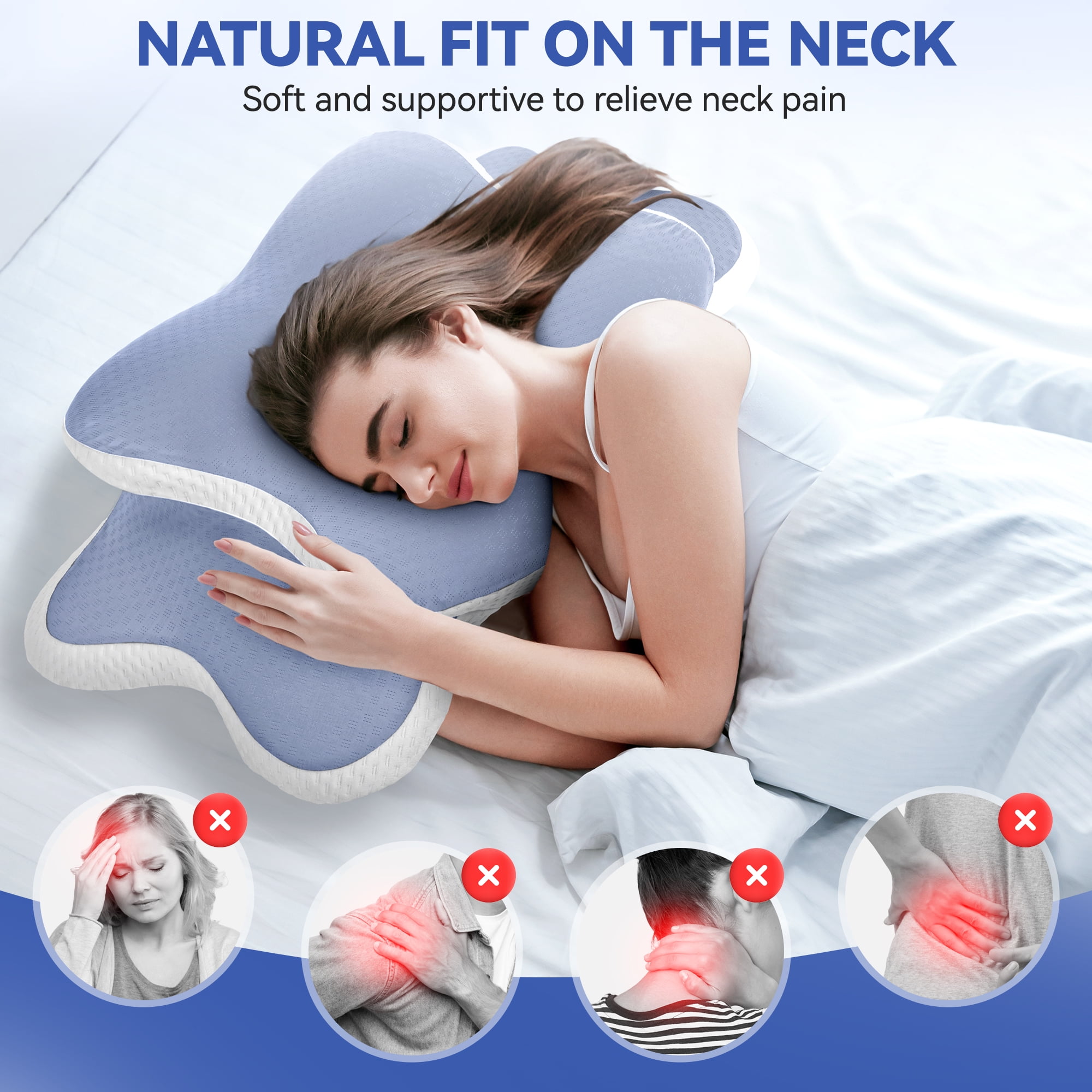 SweetLux NEW YORK Cervical Memory Foam Neck Pillow for Neck and Shoulder Pain Relief, (Blue/White)