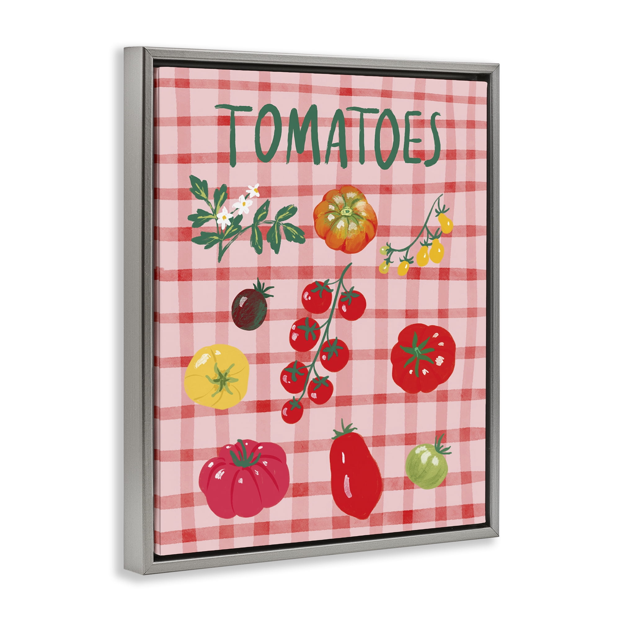 Stupell Industries Various Tomatoes on Plaid Food & Beverage Painting Gray Floater Framed Canvas Art Print Wall Art, 17 x 21