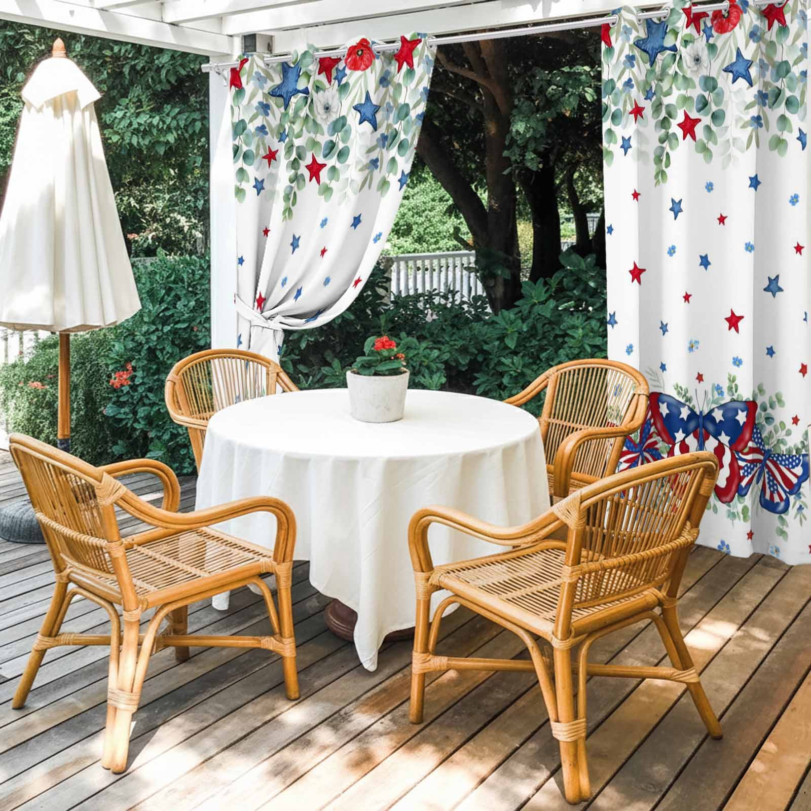 Independence Day Outdoor Curtains for Patio, Country Farmhouse Red Blue Star Butterfly Leaf Flower Sunshade Privacy Drapes Grommet Waterproof Outside Curtains for Porch Balcony 54"x108", 1 Panel