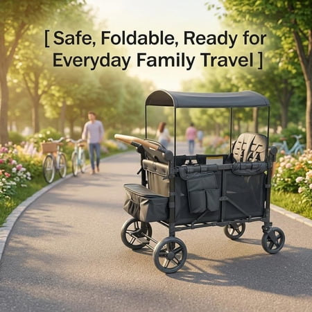 Stroller Wagon for 4 Kids, Collapsible Wagon with Removable Canopy and Storage, Foldable Push Wagon for Camping Beach and Grocery
