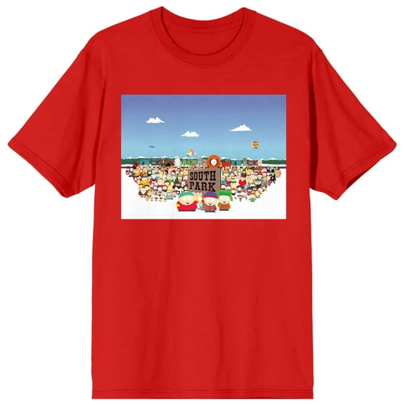 South Park Group Key Art Crew Neck Short Sleeve Red Adult T-shirt-Large