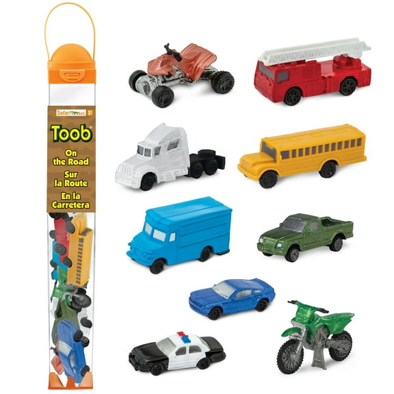 Safari Ltd On the Road TOOB - Figurines: Semi-Truck, Motorcycle, Police Car, School Bus, Sports Car, Delivery Truck, Pick-Up, ATV, Fire Truck - Educational Toys for Boys, Girls & Kids Ages 3 