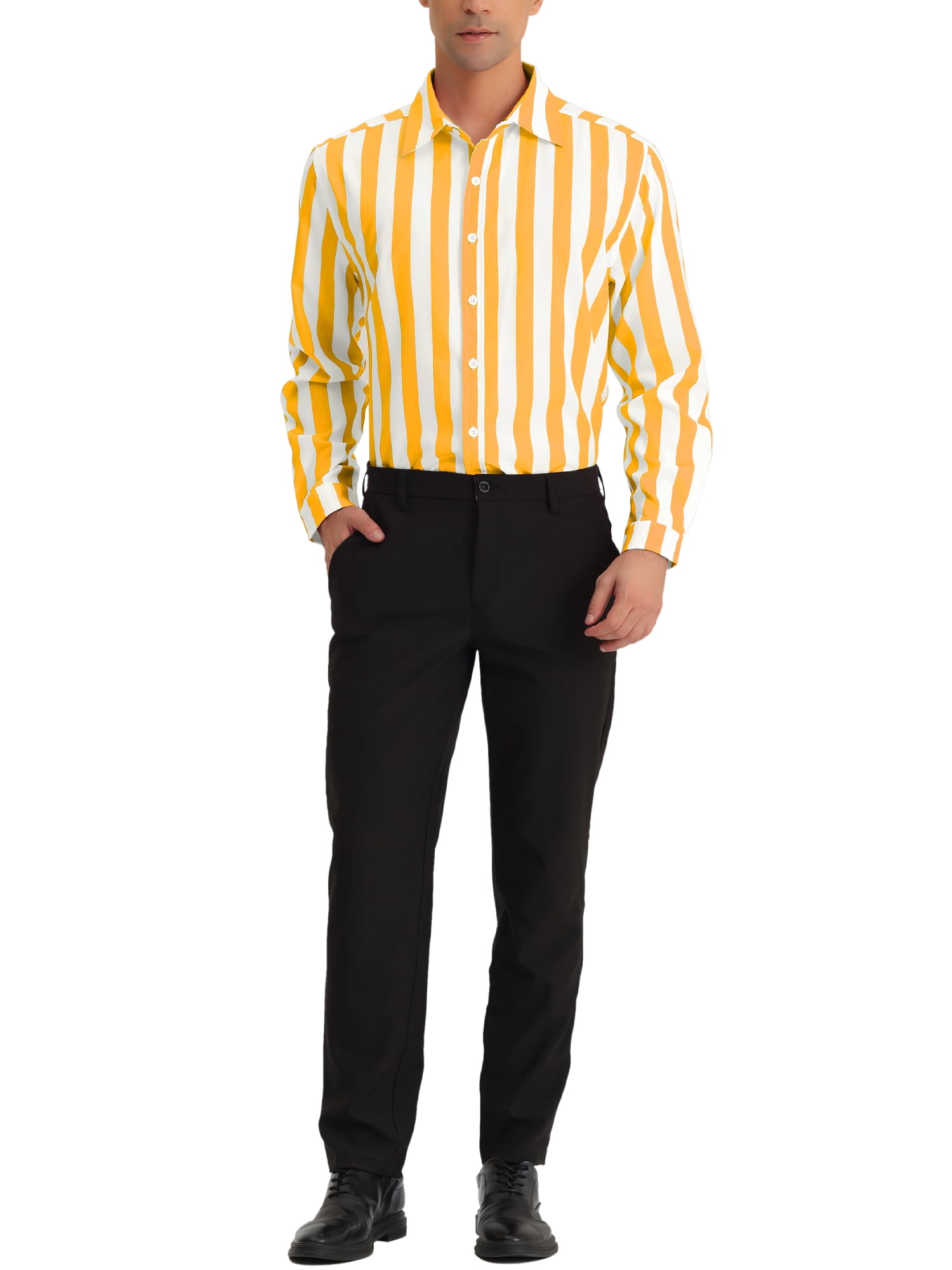 Unique Bargains Men's Casual Striped Long Sleeves Button Down Dress Shirts 2XL Yellow White
