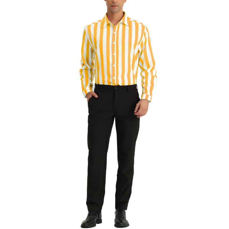 Unique Bargains Men's Casual Striped Long Sleeves Button Down Dress Shirts  XL Yellow White