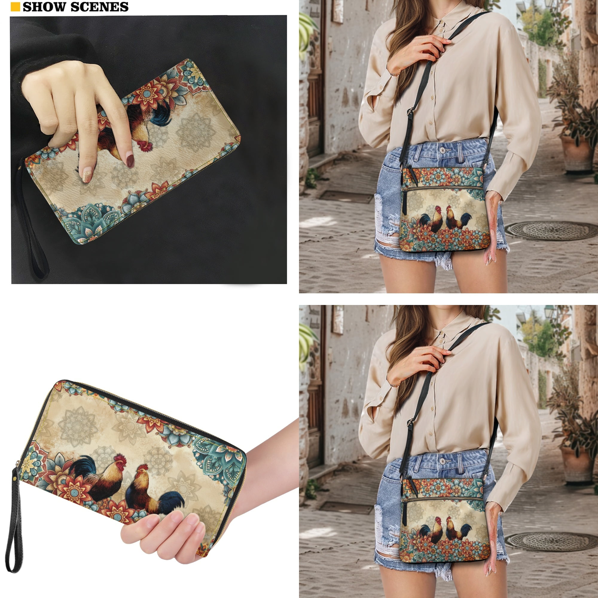 ZUXONGSY Boho Mandala Rooster Print Crossbody Bags Ladies Shoulder Handbags Purse and Wallet Set Leather Hobo Bag with Wallet Multi Pockets Satchel Purse with Adjustable Strap