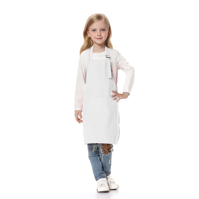 TOPTIE Kids Aprons with Pocket & Adjustable Strap, Child Chef Bib Apron for Kitchen Cooking Baking Painting-White-XXL