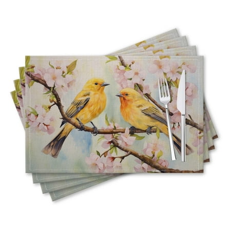 

BaHomeck placemats Set of 4 rectangle Linen Cotton Placemats for Dining Table Washable Heat Resistant 18*12inch Two Yellow Canary Birds Perched On Cherry Blossom Tree Branches