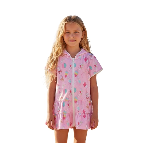 Toddler Swimsuit Cover Up Girls Zipper Hooded Cute Print Girls Towel Cover Up Towel Dress Swimsuit for 2-3 Years Old Girl