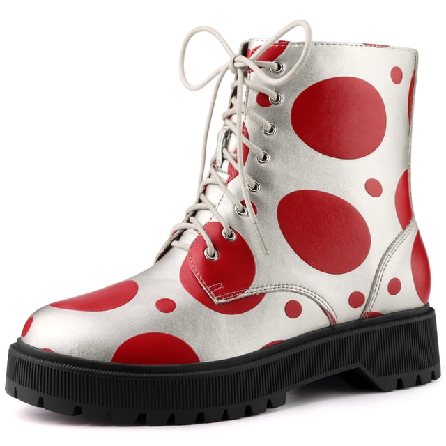 Botas de combate de tacón grueso con estampado de patrón de plataforma con cordones para mujer rojo plata 36