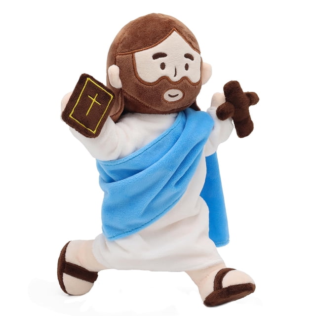 muñeco de peluche yelakey jesus de 34 cm con esqueleto articulado blanco, vista 3/4 desde atrás mostrando silueta posable, túnica blanca y manto azul, cabello y barba marrón cosidos, manos con accesorios desmontables sosteniendo un libro con cruz y una cruz de peluche; esqueleto moldeable permite posar en oración o abrazo y también se puede colgar o usar como adorno de mesa.