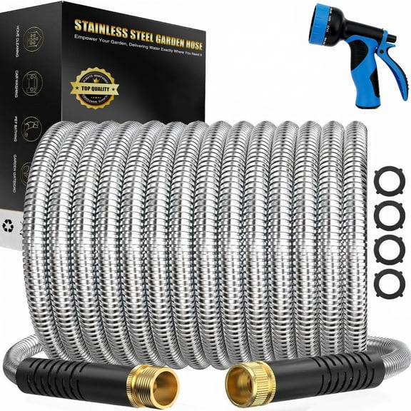 SAIDESI Garden Hose 100 ft, Stainless Steel Water Hose with 10 Function Nozzle Flexible, Heavy Duty, Lightweight, No-Kink, Pet Proof, Puncture Proof Hose Metal for Yard,Outdoor