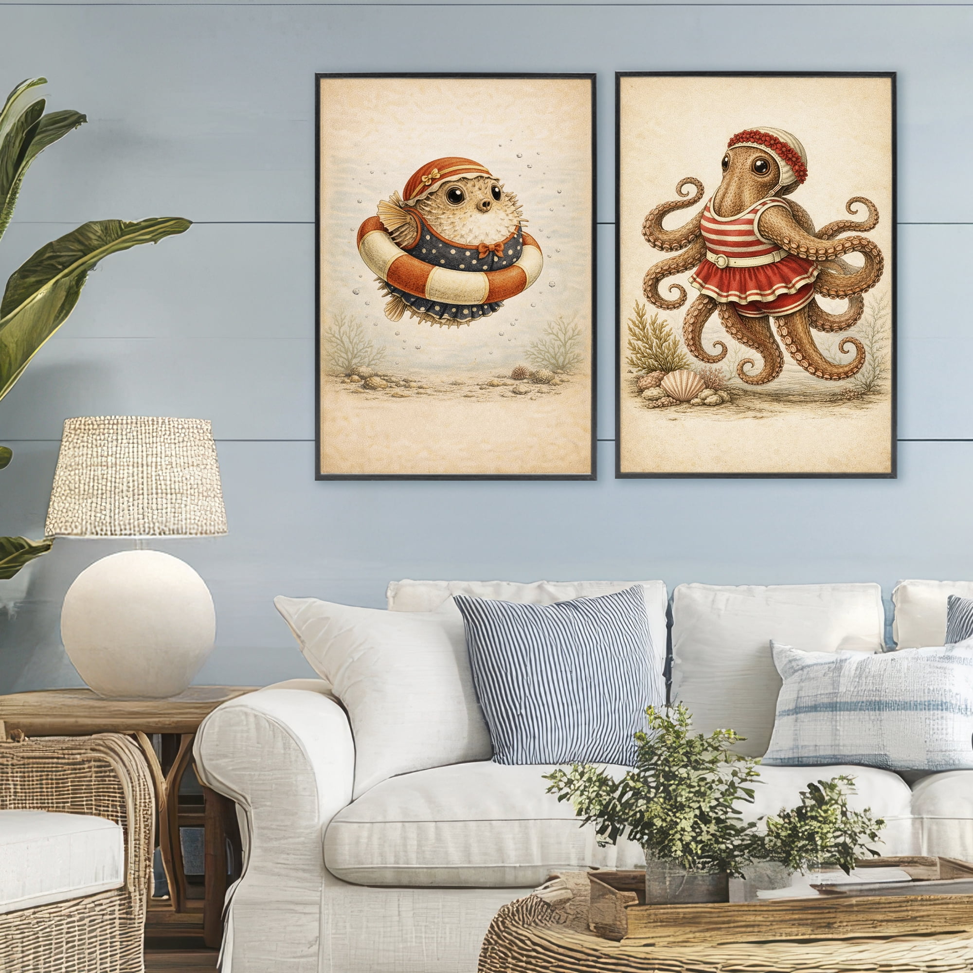 Stupell Industries Vintage Maritime Bathing Creatures 2 Piece Black Framed Giclee Art Set, design by Grotto Studios