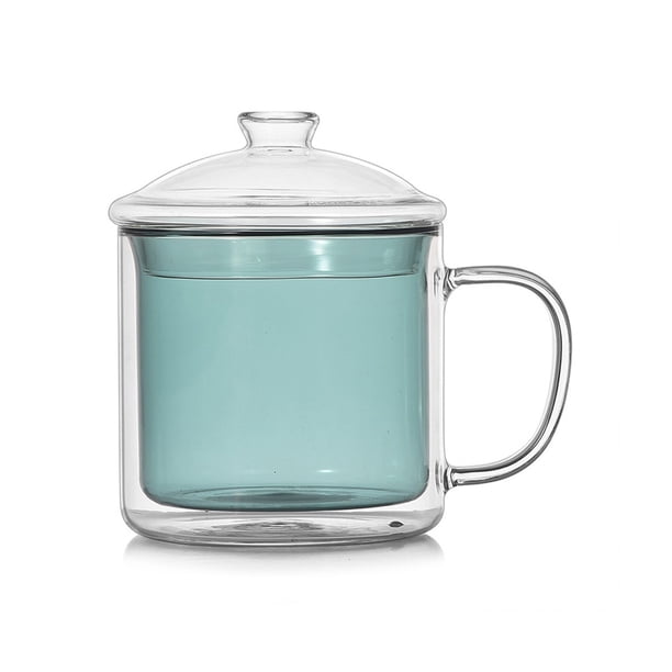 Taza de vidrio de doble pared de 12 oz con tapa y asa, taza de té o café de vidrio borosilicato colorido