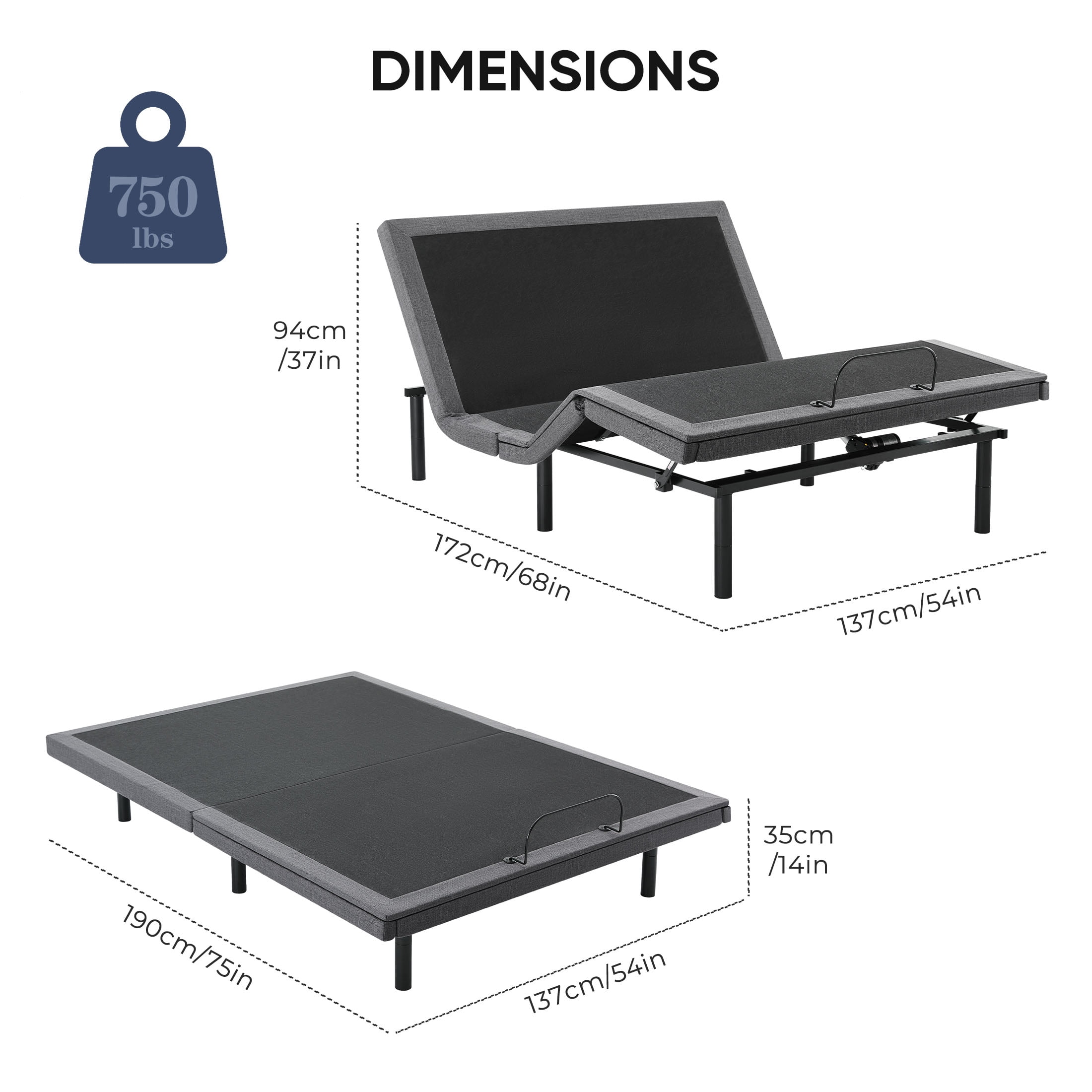 edx Adjustable Bed Frame, Individually Tilting Head and Foot with 2 USB Ports, Wireless Remote, Quiet Motor, Full Size