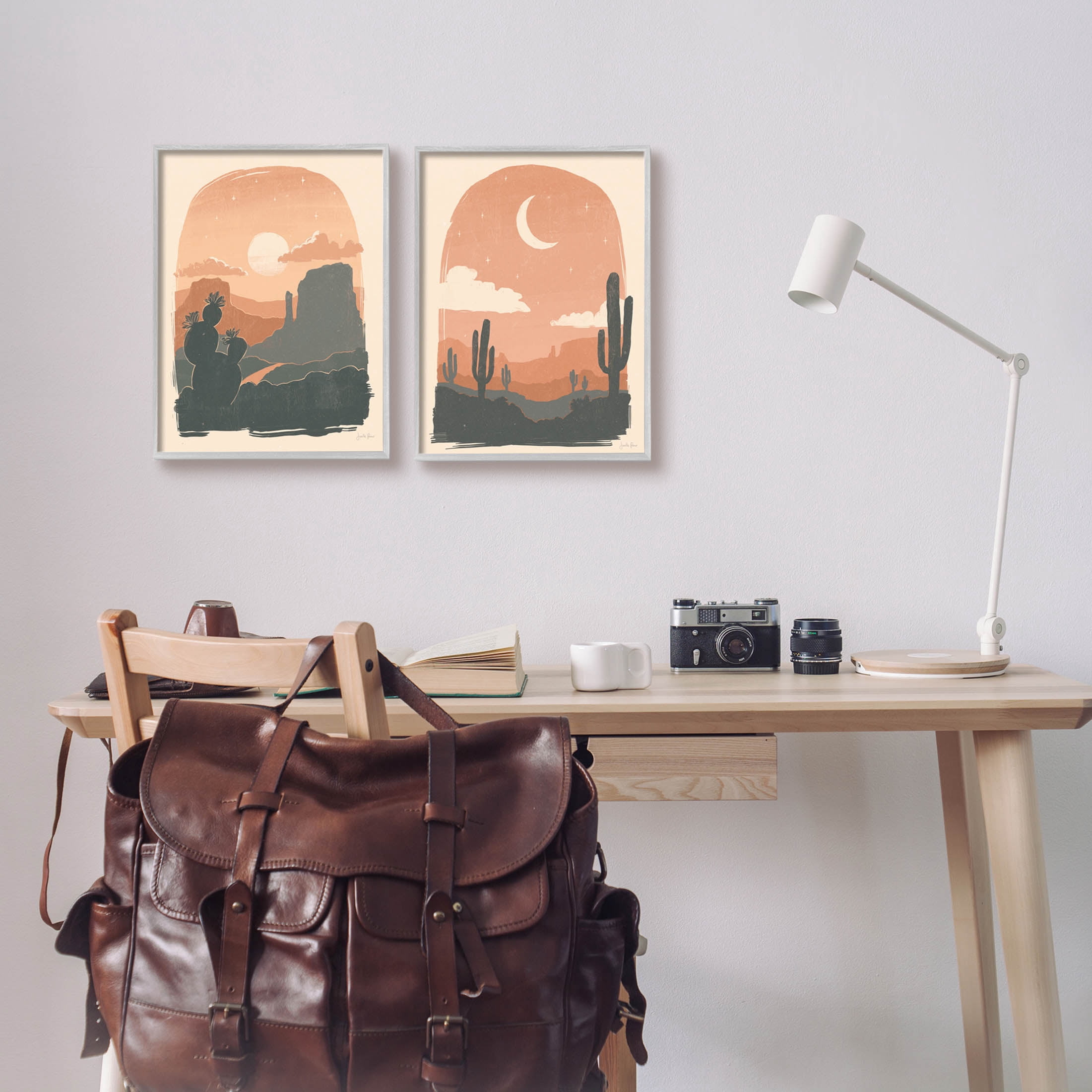 Stupell Industries Contemporary Desert Scene Silhouette Graphic Art Gray Framed Art Print Wall Art, Set of 2, Design by Janelle Penner