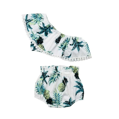 Sexy Japanese School Girl Outfit Toddler Kids Baby Girls Floral Sleeveless Tops Bottoms Shorts Summer Off Shoulder Printed Pineapple Girl Outfit Clothes ()