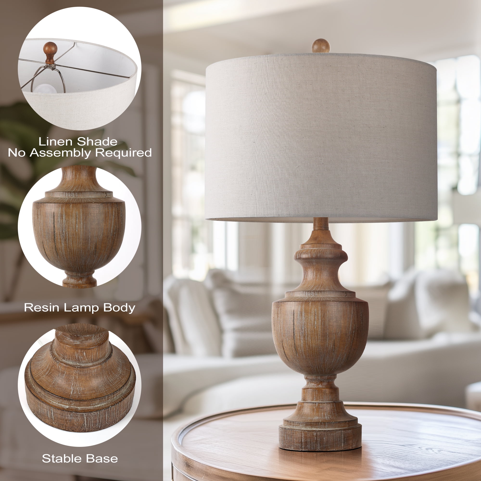 26.8" Large Brown Resin Table Lamp, Farmhouse Bedside Lamp Trophy Shaped End Lamp with Linen Shade 9W LED Bulb for Living Room Study