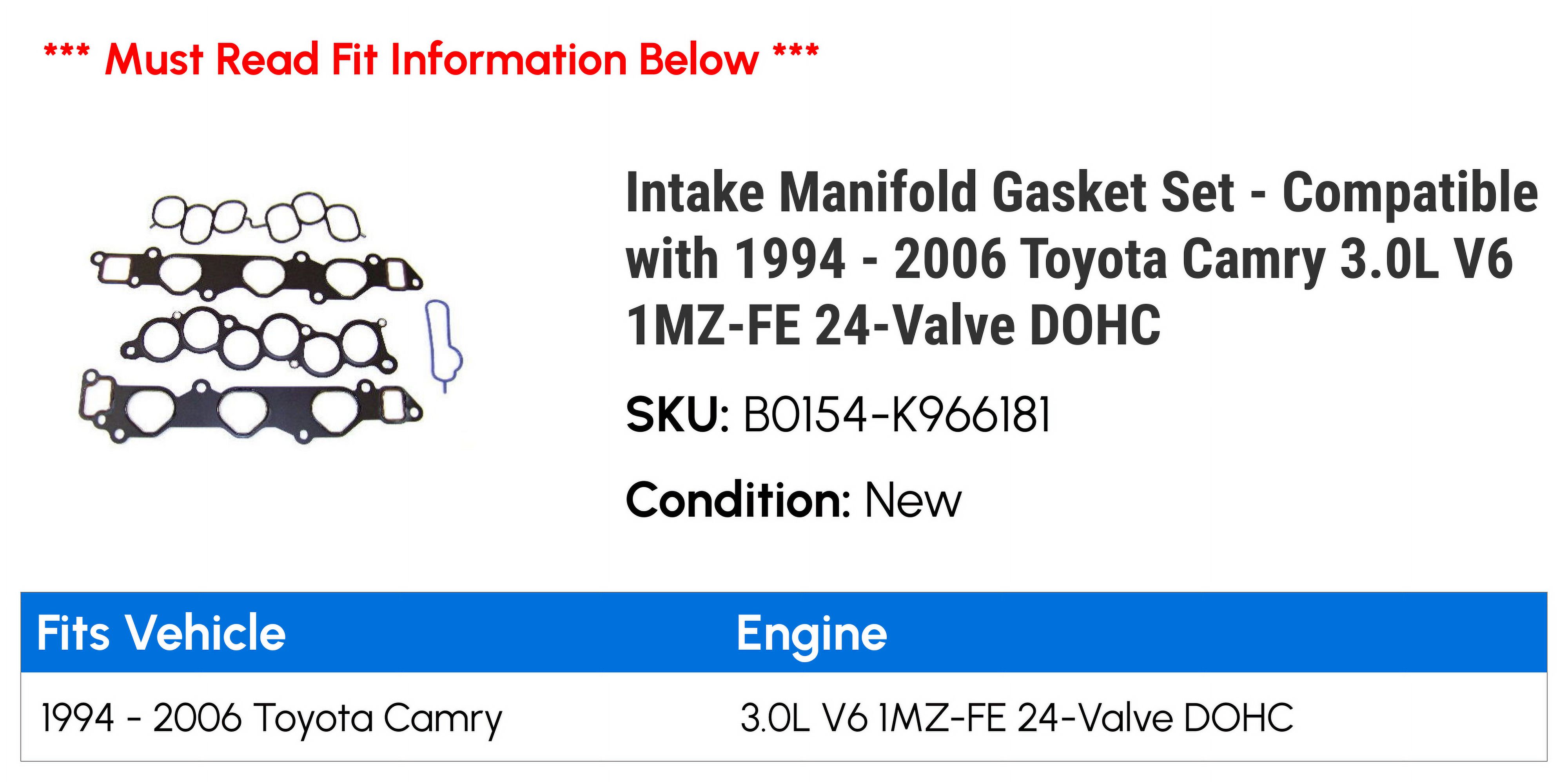 Intake Manifold Gasket Set - Compatible with 1994 - 2006 Toyota Camry 3.0L V6 1MZ-FE 24-Valve DOHC 1995 1996 1997 1998 1999 2000 2001 2002 2003 2004 2005