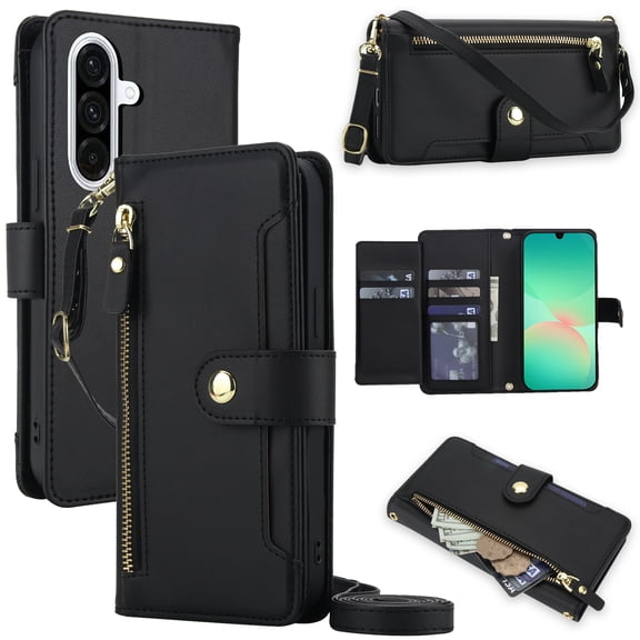 Designed For Samsung Galaxy A54 5G Wallet Case,With Shoulder Strap Wrist Strap,PU Leather Flip Folding Kickstand,Card Slots,Zipper Pocket,Shockproof Anti-fall Crossbody Wallet Case,Black