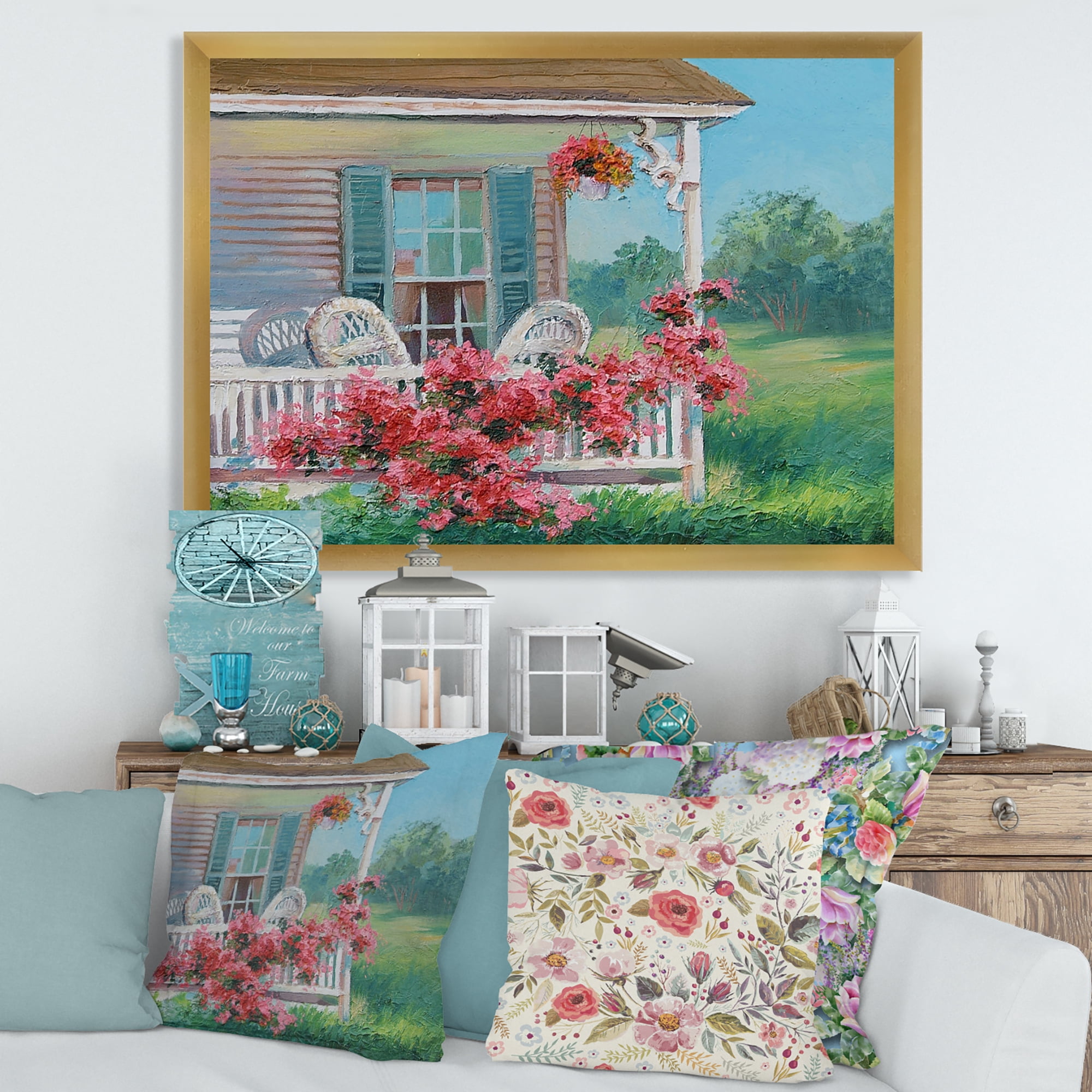 Designart 'Patio & Blossiming Red Flowers With Wooden House' Traditional Framed Art Print