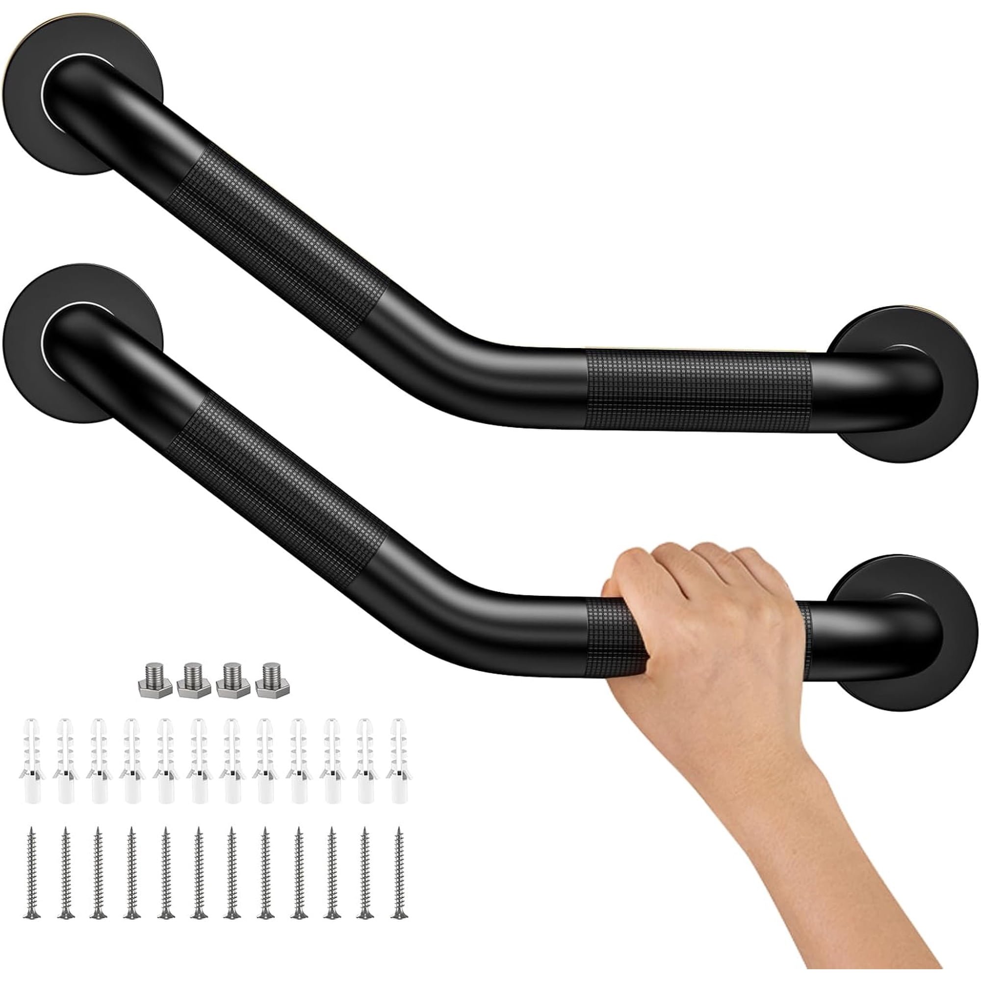 16 Inch Angled Shower Grab Bar Black, 2 Pack Anti Slip Bathroom Grab Bar, Knurled Bathroom Balance Bar,Safety Hand Rail Support Handicap Elderly Injury Senior Assist Bath Handle-1.25” Tube