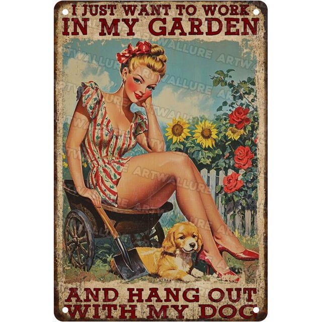 Vintage Sign In My Garden And Hang Out With My Dog Girl Metal Tin Sign Funny Wall Decor for Home Yard Garage Farmhouse Bar Kitchen 12×8 Inch