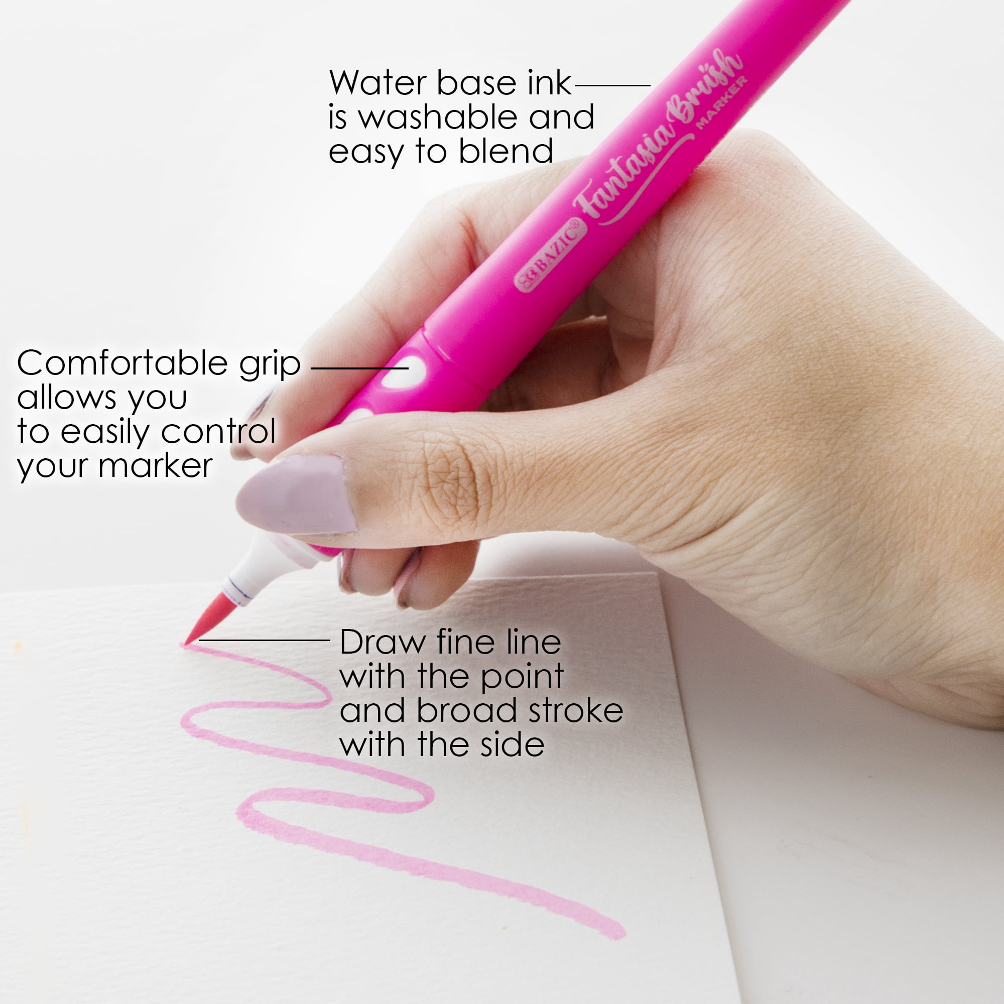 BAZIC Brush Markers 6 Neon Colors, Fine Line Washable Coloring Marker (6/Pack), 24-Packs