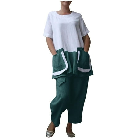 

Womens Loungewear Two Piece Casual Linen Short Sleeve Tops with Two Pockets Cropped Wide Leg Pants Pajamas Sets