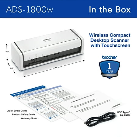 Brother - ADS-1800W Compact Wireless Duplex Desktop Scanner with Single Pass Double-Sided Scanning - White