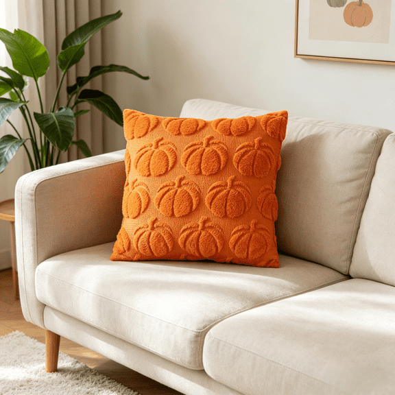 Bisitoy Pillow Covers 1Pc Throw Pillow Covers 18x18 Plush Pumpkin Halloween Fall Decor for Couch Sofa Living Room (Orange)