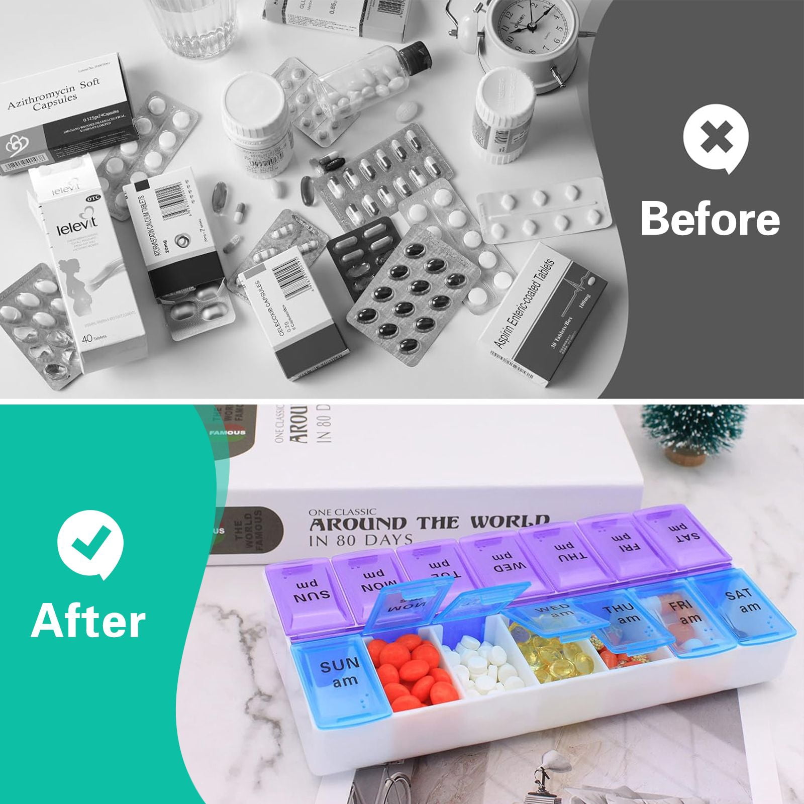 2PCs Weekly Pill Box Organizer 7 Day AMPM Organizer Case Medicine Removable Pill