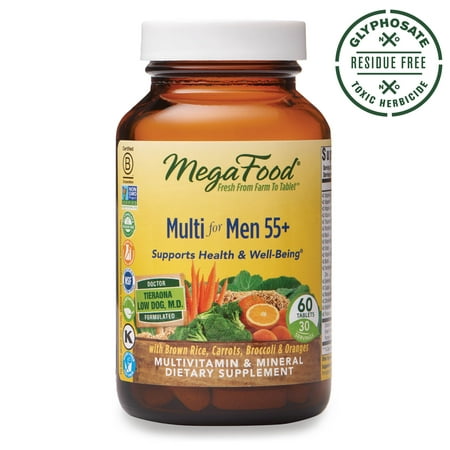 MegaFood - Multi for Men 55+, Multivitamin Support for Energy Production, Brain Function, Prostate and Heart Health with Zinc and Methylated Folate, Vegetarian, Gluten-Free, Non-GMO, 60