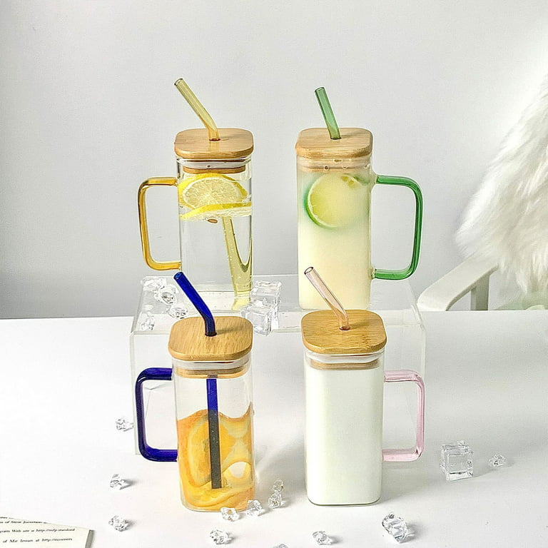 Drinking Glass Straw Cup Square Drinkware Highball Glasses With Bamboo Lid  Coffee Mug 