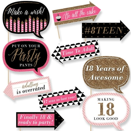 18th Birthday Photo - Funny Chic 18th Birthday - Pink, Black and Gold - 18th Birthday Party Photo Booth Props Kit - 10 Count