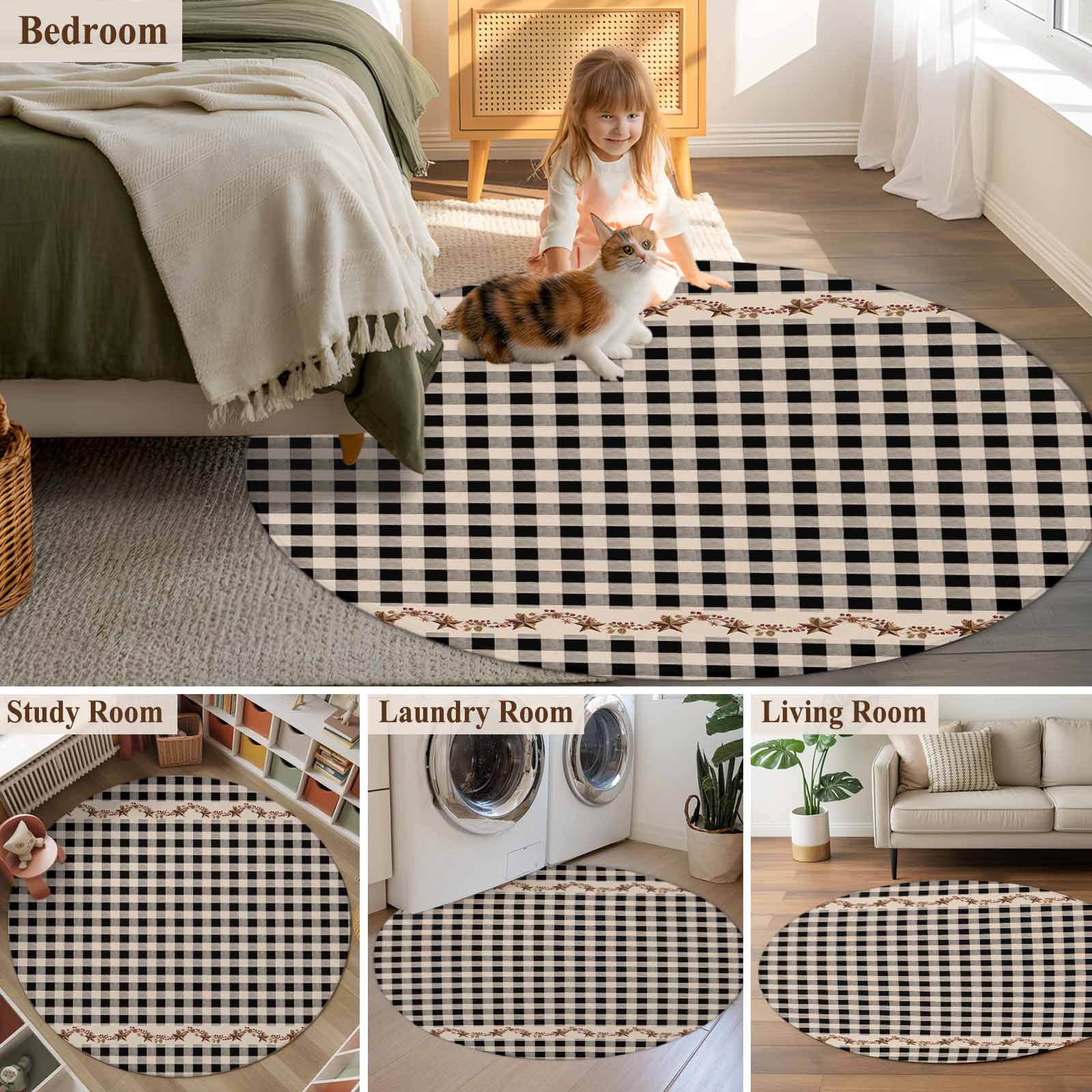Round Rug 6Ft Washable Non-Slip, Western Texas Star Retro Circle Area Rugs for Living Room Bedroom, Country Vintage Black Beige Plaid Indoor Floor Mats Carpet Runner for Home Decor Aesthetic