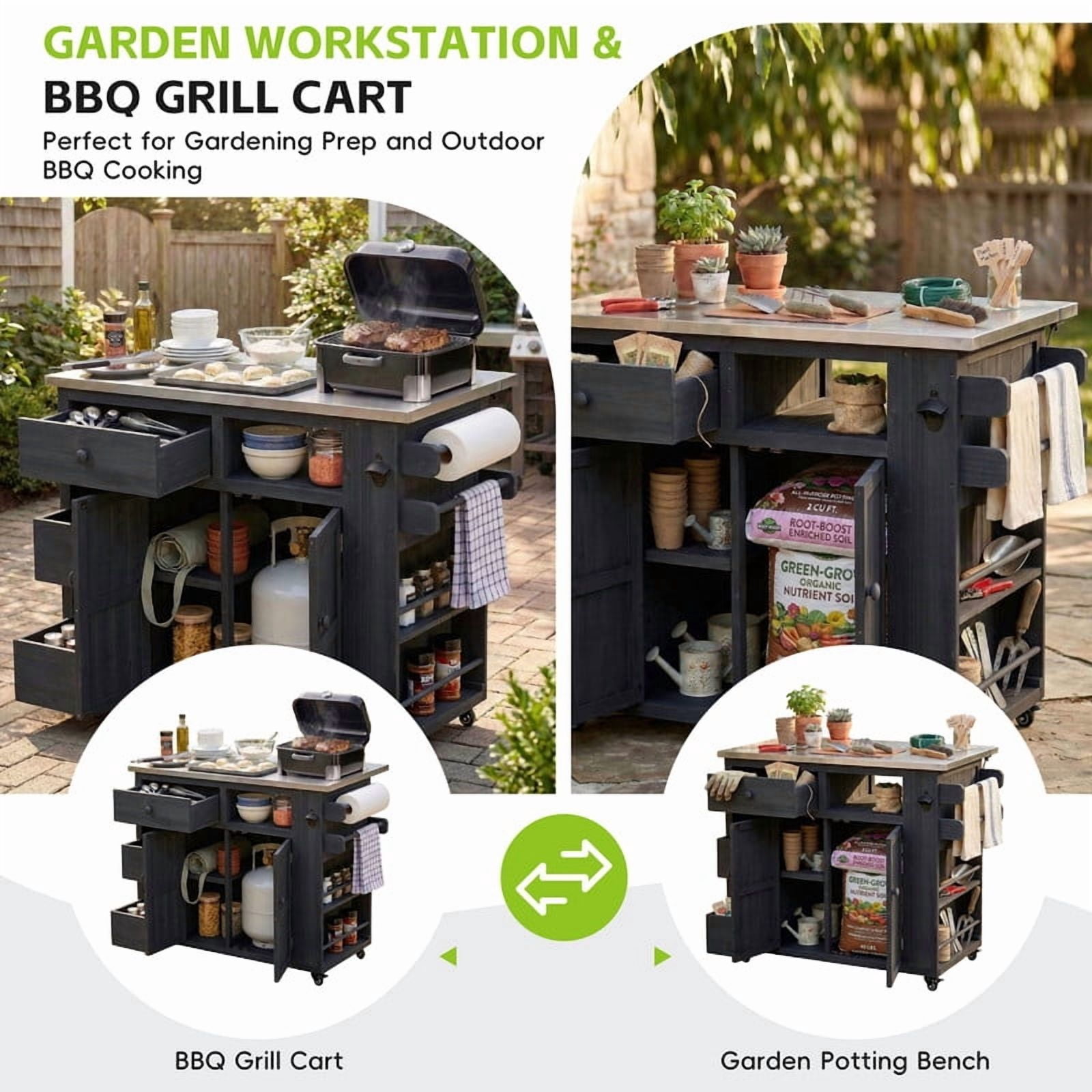 Outdoor Solid Wood Kitchen Island, Extendable Stainless Steel Top Grill Table with Drop Leaf, Storage Kitchen Cart